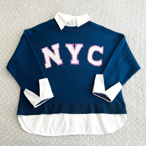 Maeve Anthropologie NYC Graphic Twofer Sweater Shirt Oversized Blue Size S - Picture 4 of 13